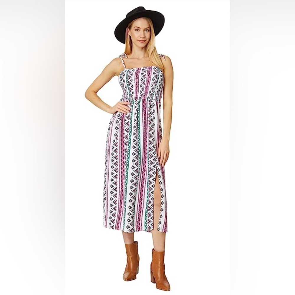 Wrangler fit‎ & flare shoulder Tie Strap Smocked MIDI Slit Dress size large new